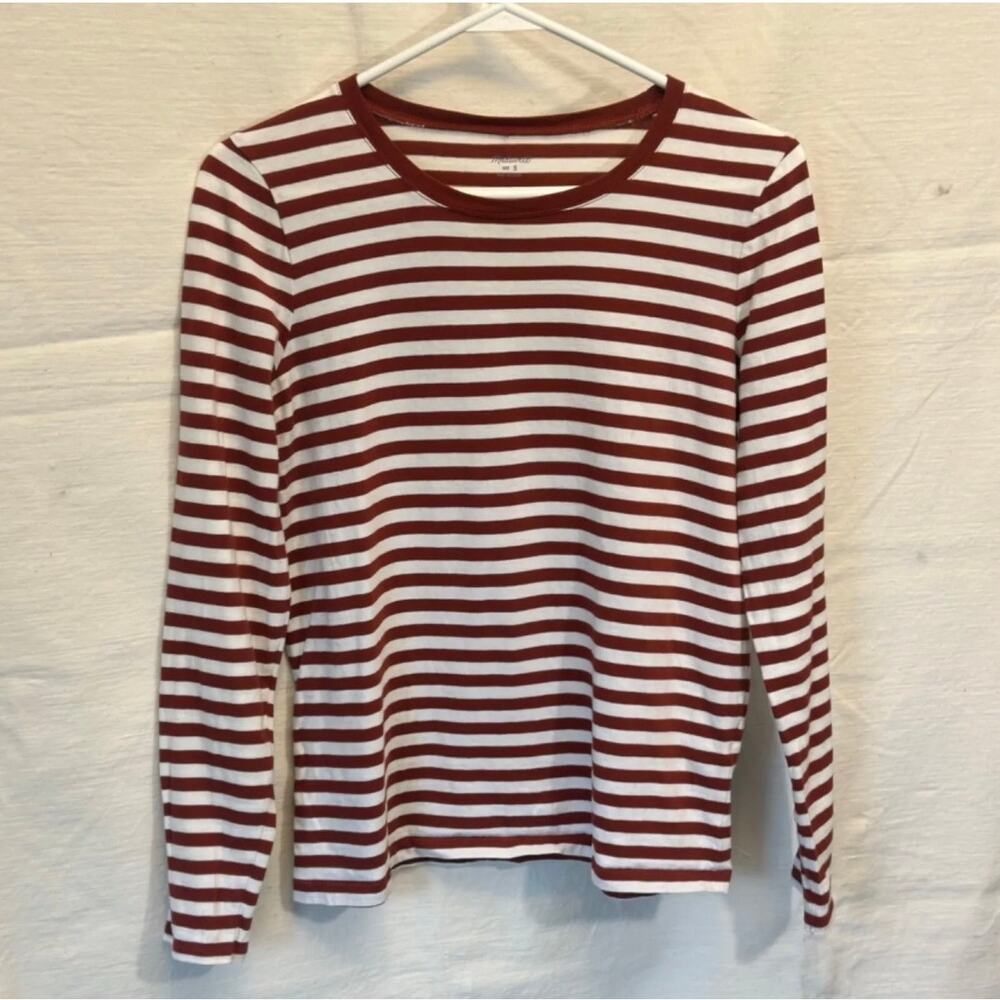 Madewell Crew Neck T Shirt Womens S Brown White Striped Long Sleeve Top